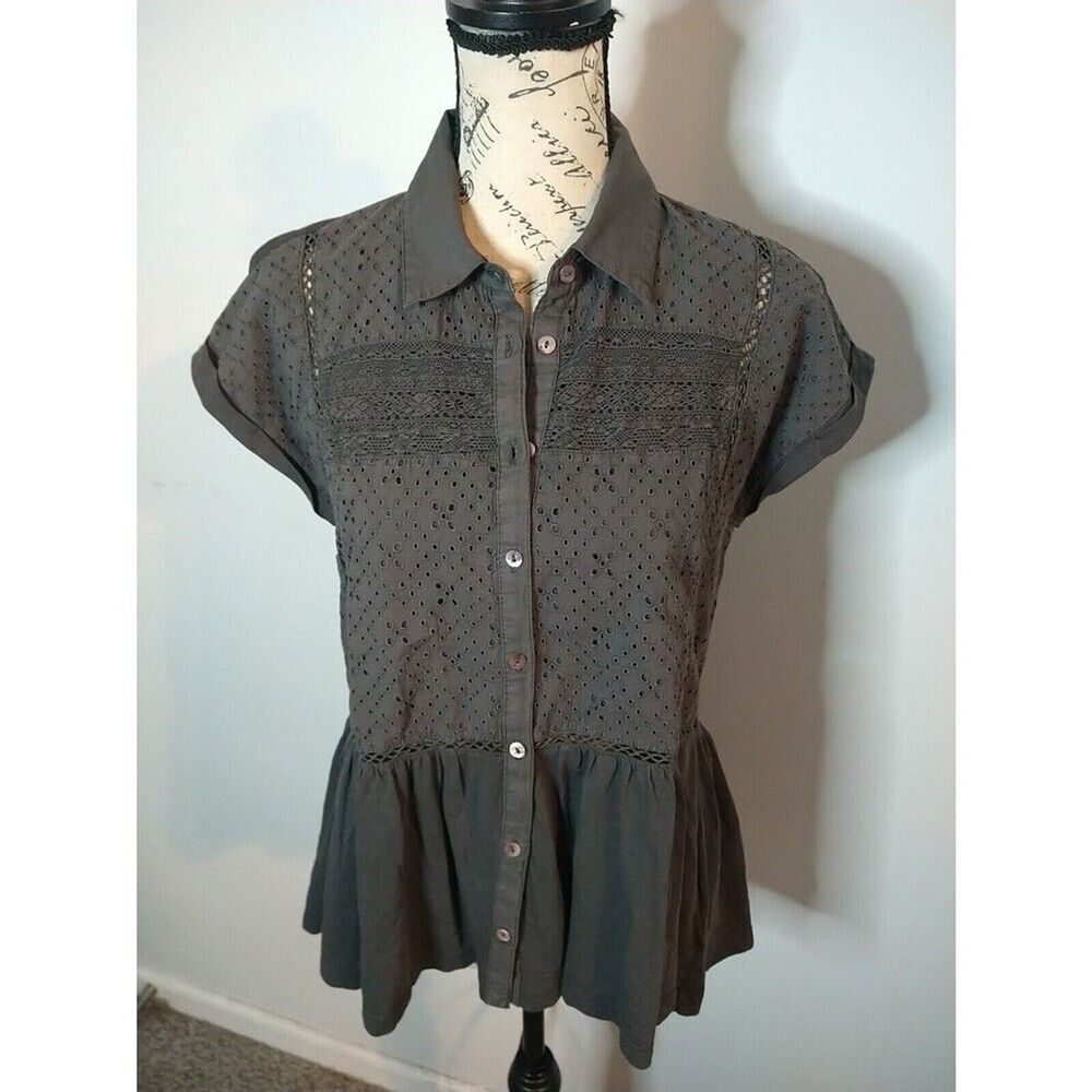 Lucky Brand Embroidered Collared Button Top Gray Xs Boho Peasant